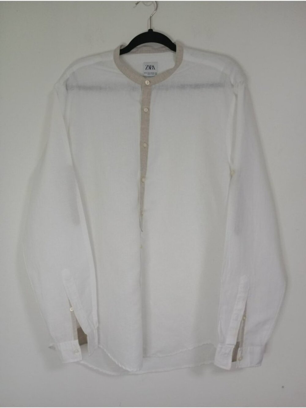 Zara Mens Relaxed Fit  White & Beige Linen-Blend Button-Up Shirt  Size XL